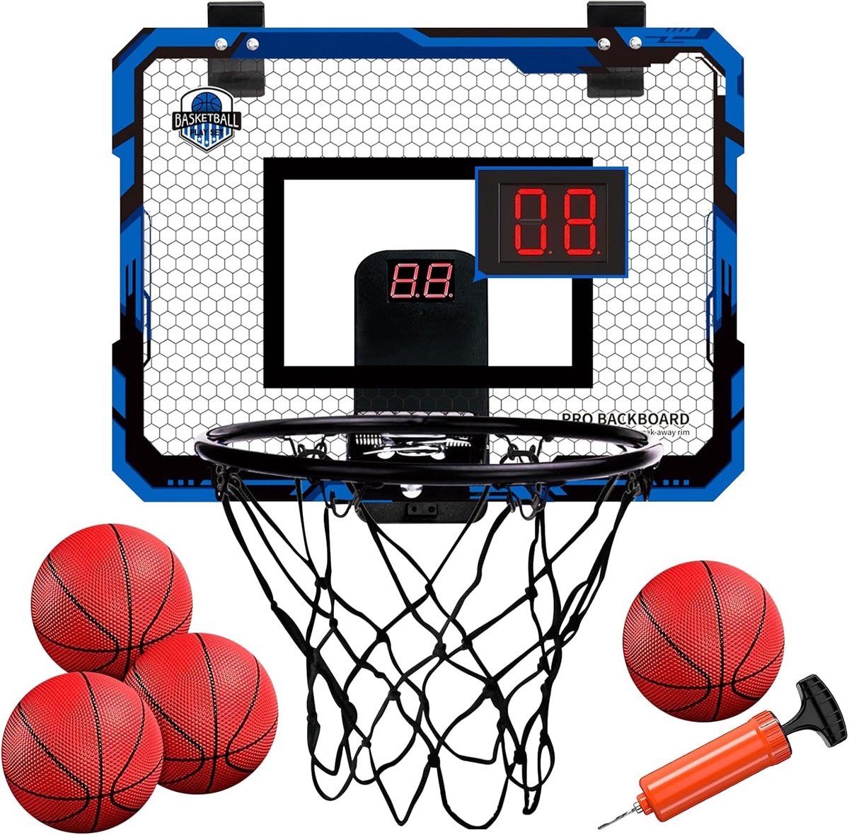 SnelShoppen - Mini-basketbalring voor kinderen, indoor deurbasketbalring gemonteerd aan de muur, met 4 basketballen, 2 netten, scorebord, bord en luch