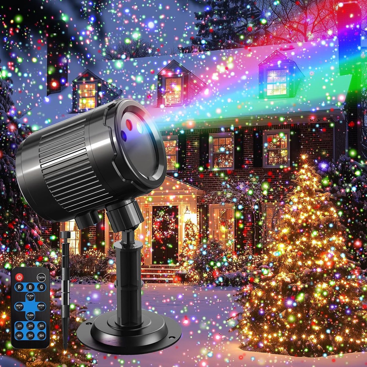 Kerstlaserprojector voor buiten-RGB 3 kleuren, bewegende laserlichtjes in de vorm van vuurvliegjes, IP65 waterdicht, sterrenprojector voor tuin, erf, feestjes, kerst, Halloween en nieuwjaar.