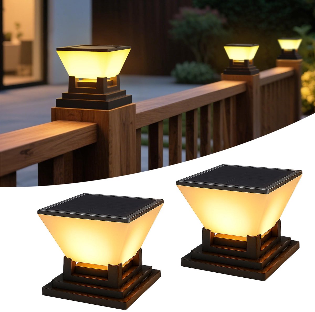 SnelShoppen - 2 stuks paallampen op zonne-energie, 7x7, 8x8, 9x9, 10x10 cm, IP65 waterdicht, tuinhekpaallamp met 1500 mAh accu, 10 uur licht, 3 lichtm