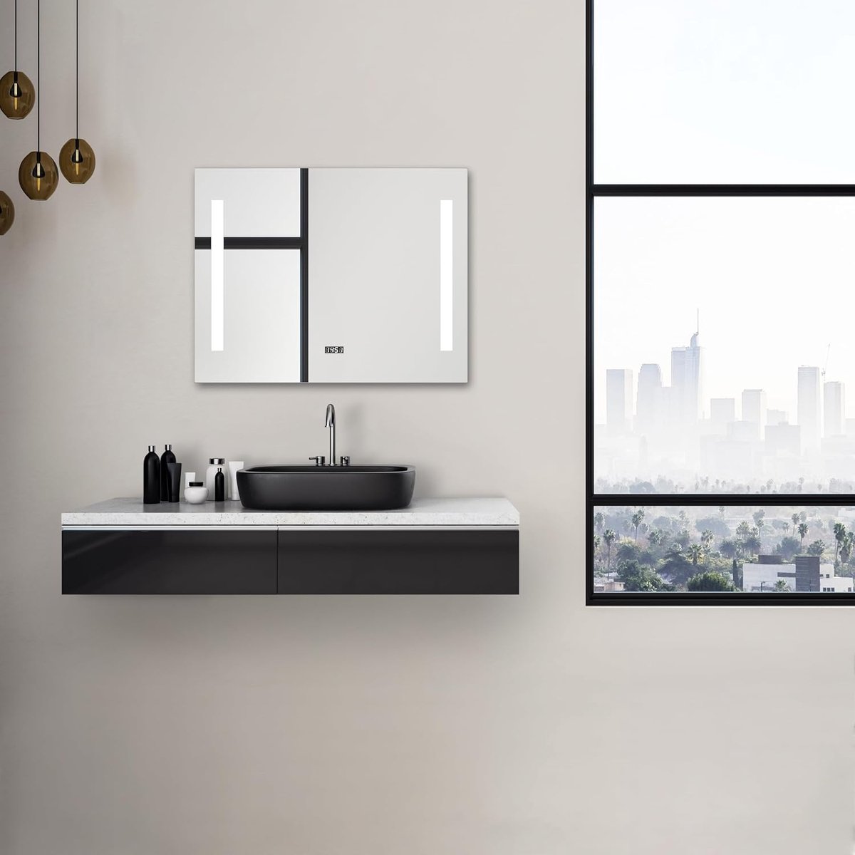 SnelShoppen - Talos LED Badkamerspiegel Star 80 x 60 cm, Zilver, Lichtkleur 4200K, Inclusief Digitale Klok, Stijlvolle Verlichting voor Badkamer, Make