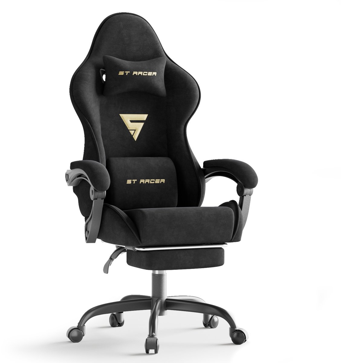 Arvioo-Gaming Stoel-Fluweel-Voetensteun-Massage Lendenkussen-Zwart