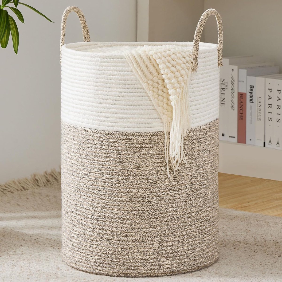 SnelShoppen - Wasmand Gevlochten Wasverzamelaar, Speelgoed Opbergmand met Handvat, Handgemaakt van Katoen, Wit en Bruin, Ideaal voor Kinderen, Woonkam