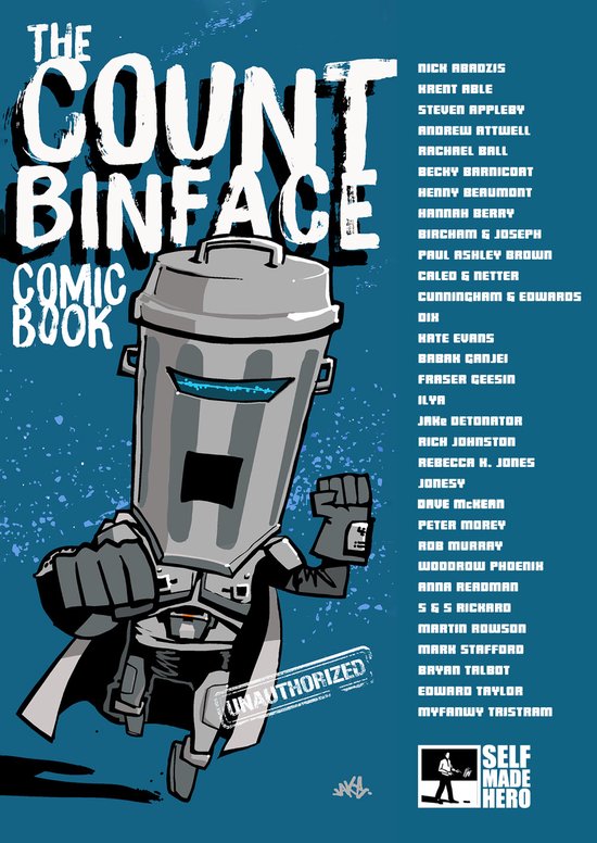 De graphic novel 'The Count Binface Comic Book' in een stijl van stripboekkunst. Het personage "Count Binface" is afgebeeld met een vuilnisbakkenhoofd, gepantserde borstplaat en een cape.