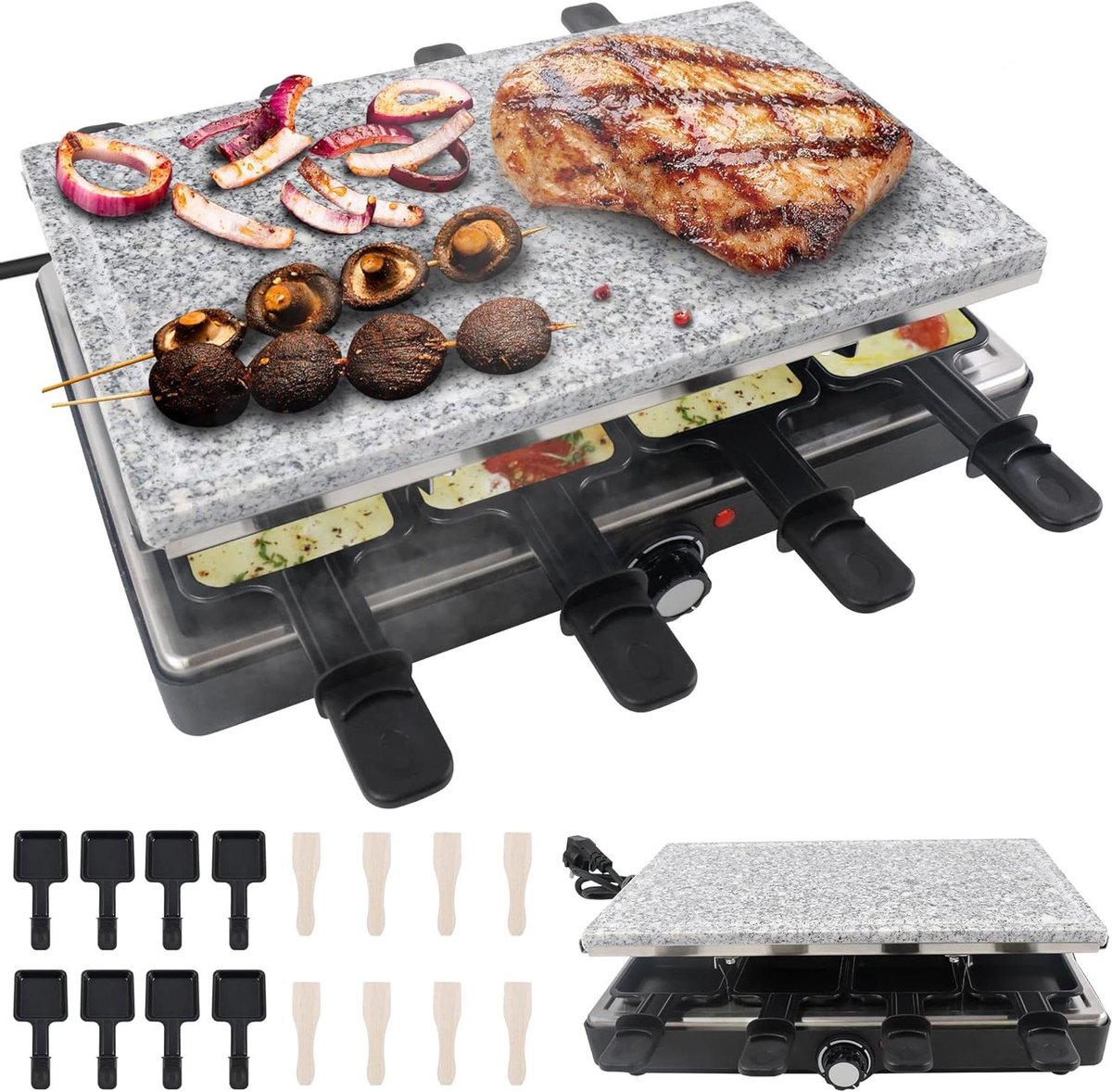 Raclette Grill - Tafelgrill - Gezellig Eten - Dubbelzijdig Platen - Voor 8 Personen - Zilverkleurig