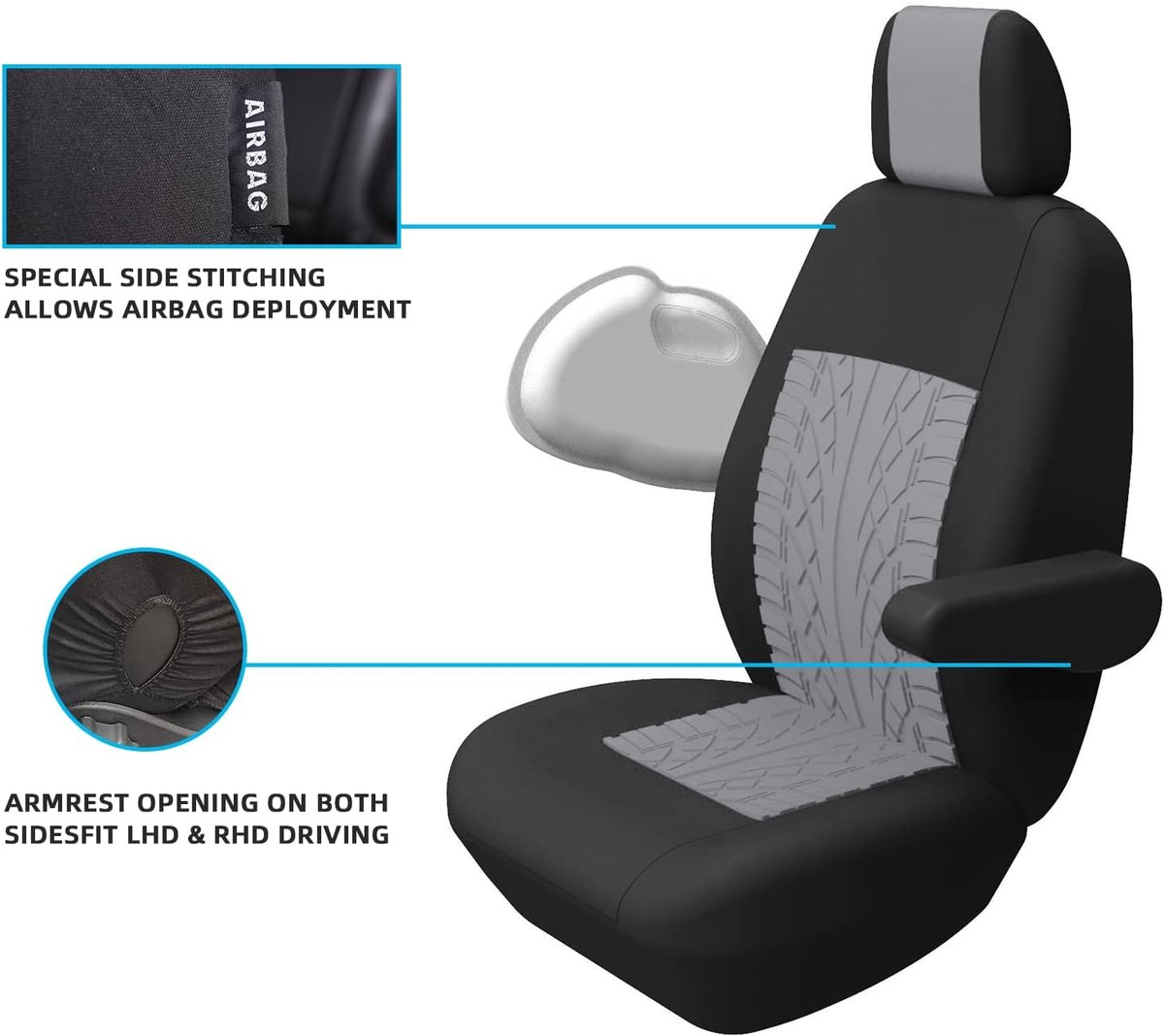 SnelShoppen - Universele Stoelhoezen Auto voor Transporter Vrachtwagen voorstoelen 3D Band-Spoorpatroon Grijs - 1+2 Stoelhoezen, Bescherming voor Auto