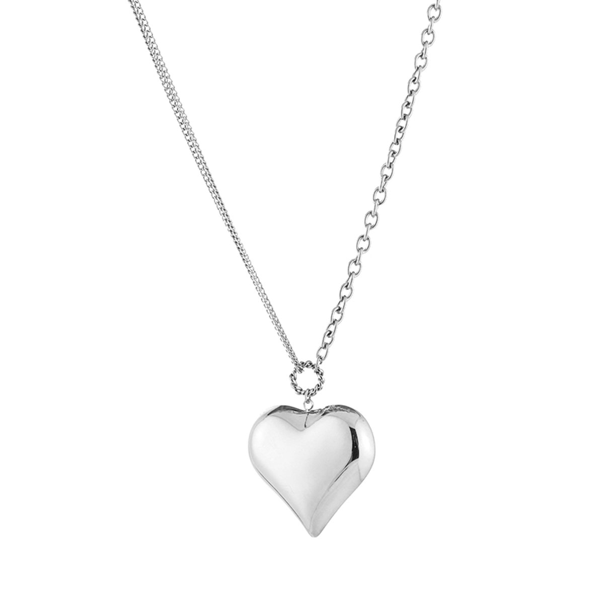 Dames Ketting met XL Hart Hanger - Luxe Schakelketting - Grote Hartbedel - Stainless Steel / RVS - 45 cm (+5 cm) - Zilver