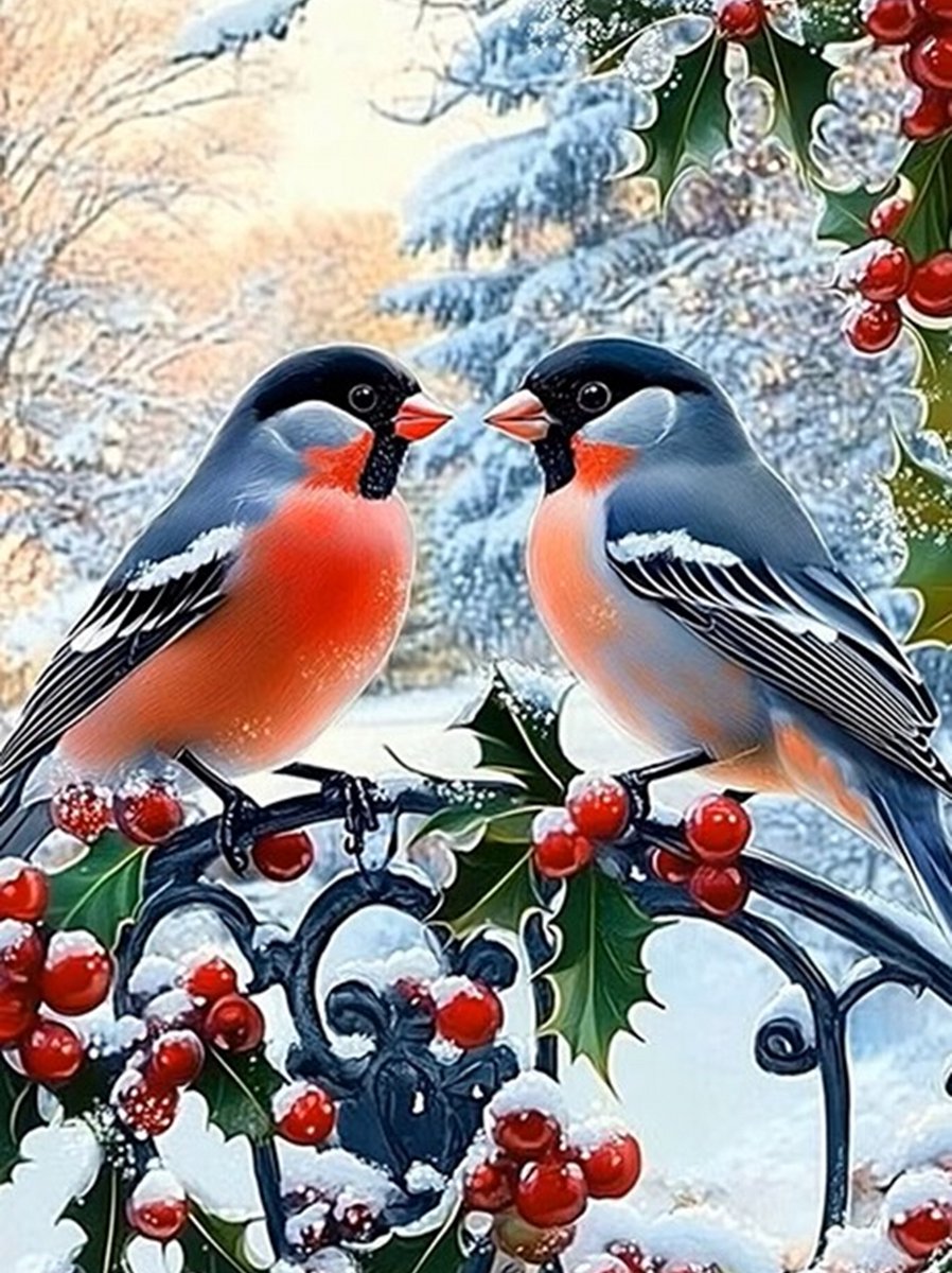 50x40cm Diamond Painting vogels sneeuw (rond) nr 97