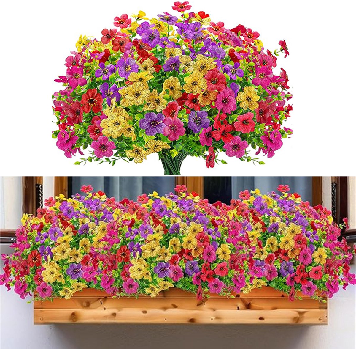 12 bundels kunstbloemen voor buiten, kunstviolette bloemen, uv-bestendige zijden kleurrijke madeliefjes, kunstbloemenboeket voor buiten, binnen, tuin, verandadecoratie, (Geel, Rood, Paars, Roosrood)