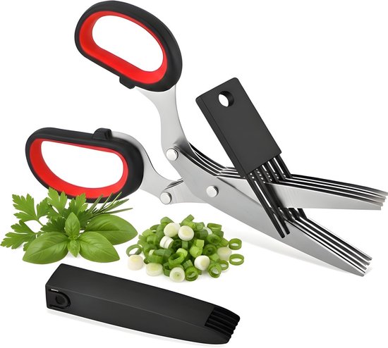 Een 5-laagse kruidenschaar met rood-zwarte handvatten, bieslook, lente-uitjes en reinigingskam.