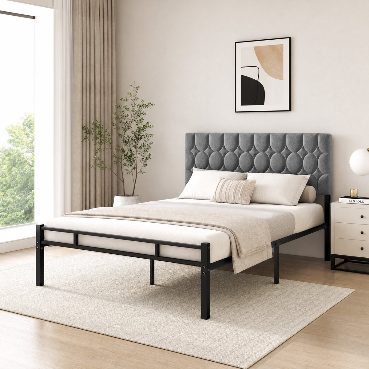 Auralum max KUTAS 2 Persoons Bed 160 x 200 cm - Gestoffeerd Metalen Bed - Met Lattenbodem & 32 cm Ruimte Onder Het Bed - Bedframe - Grijs