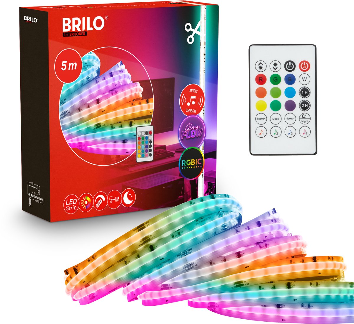 BRILONER Cob - Led Strip - 5 meter led-stips - ledstrips voor binnen - led strip met afstandsbediening - dimbaar - RGBICW