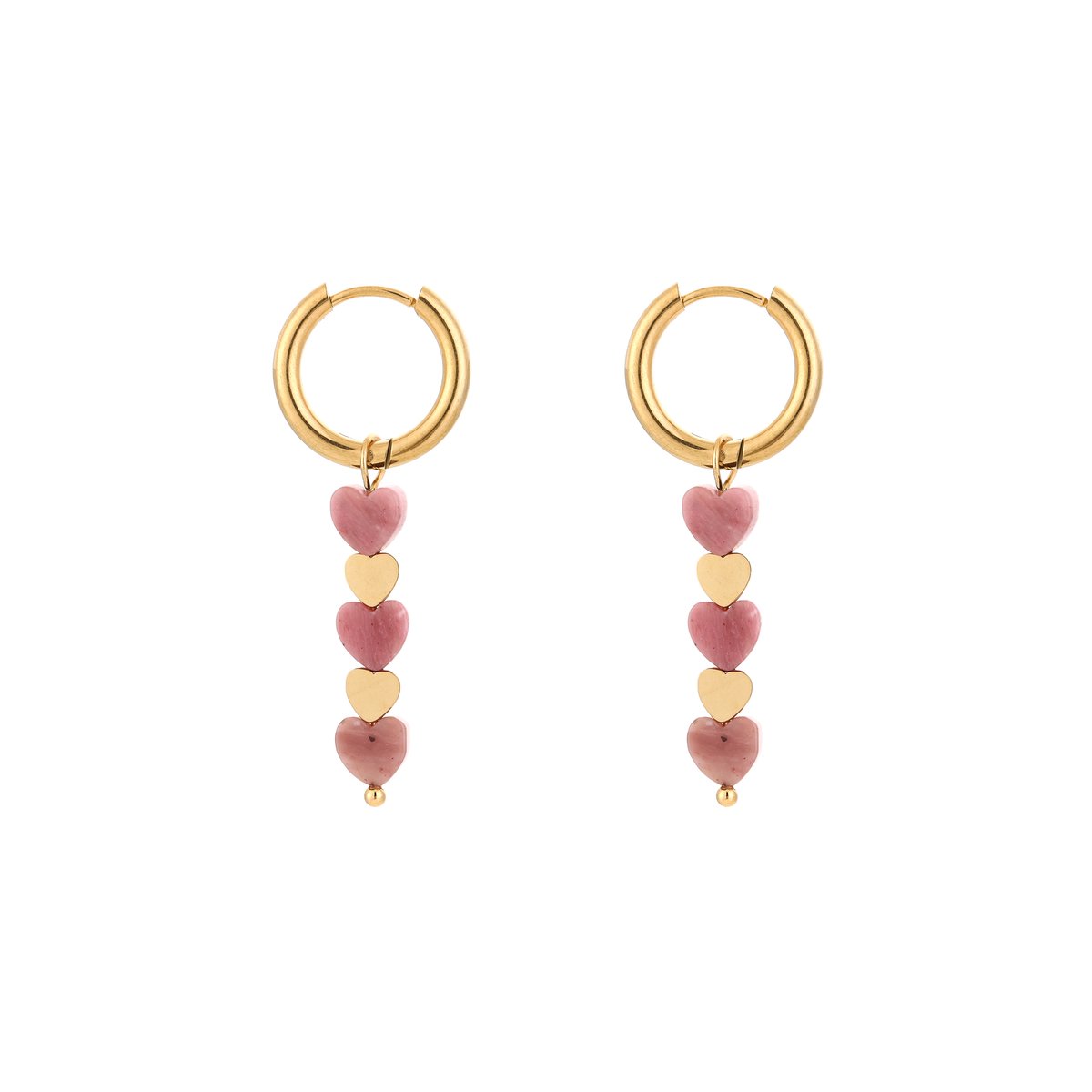 Stainless Steel Tiered Hearts Cascade Charm Hoops – Luxe Gelaagde Hartjes Cascade Oorringen – RVS - Roze