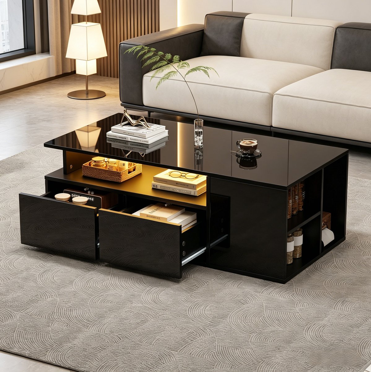 DESMIU Salontafel - Hoogglans Met LED En 2 Lades - Voor Woonkamer Met Veel Opbergruimte - Spaanplaat - 100x50x35 Cm - Zwart