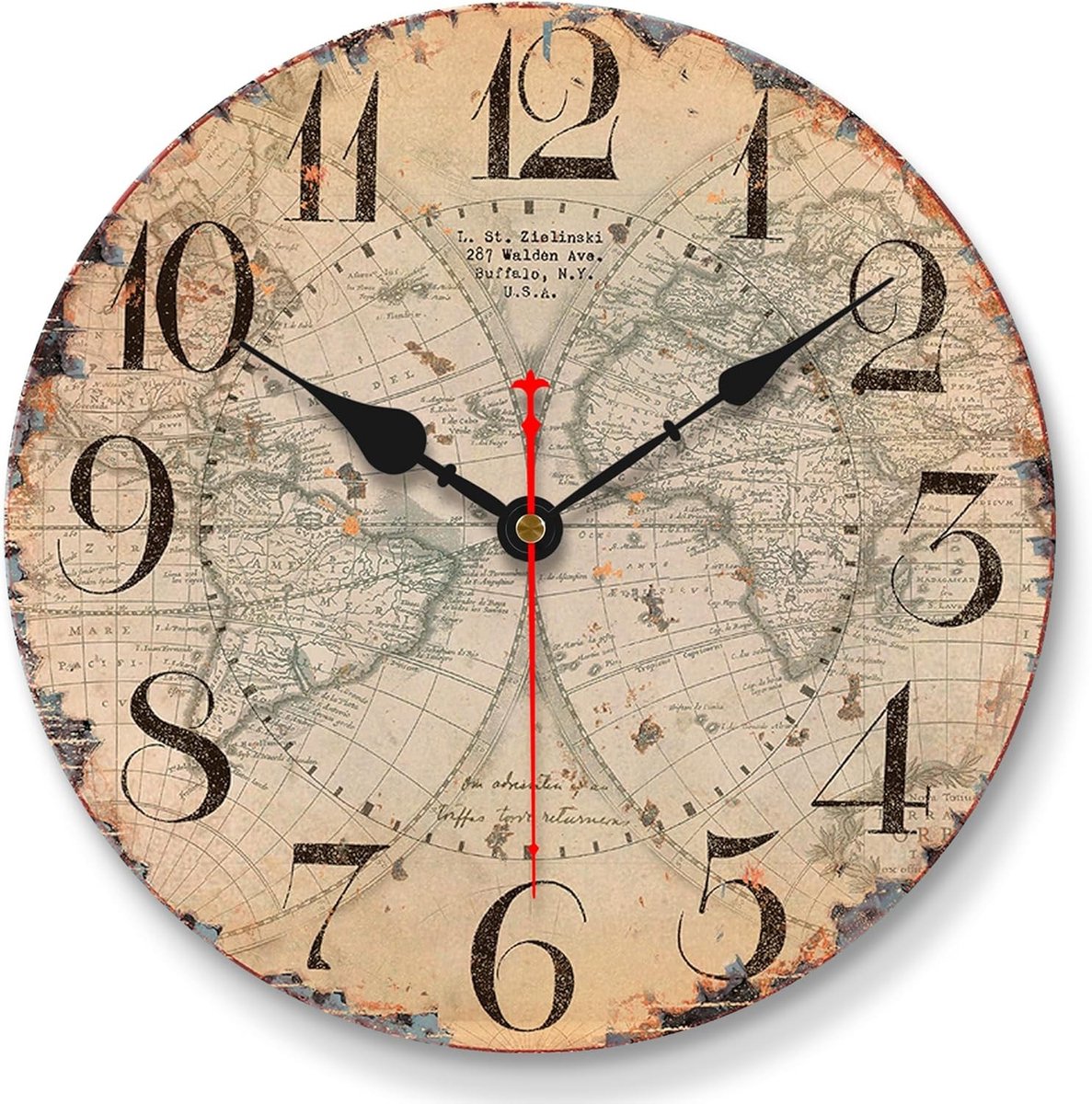 Vintage Wereldkaart Wandklok 20cm, Industrieel Design, Geluidsloze Houten Klok voor Woonkamer, Keuken en Slaapkamer