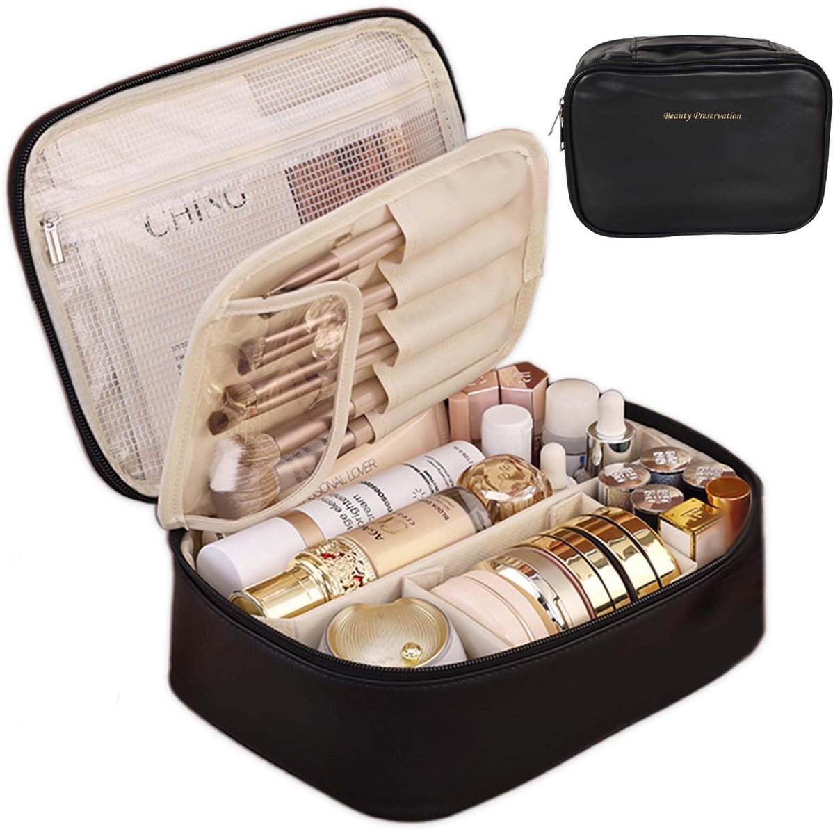 SnelShoppen - Dames Cosmeticatas - Grote Toilettas voor Vrouwen met Make-up Penseel Vak - Waterdichte Reistassen - Zwart, Eenvoudig en Praktisch