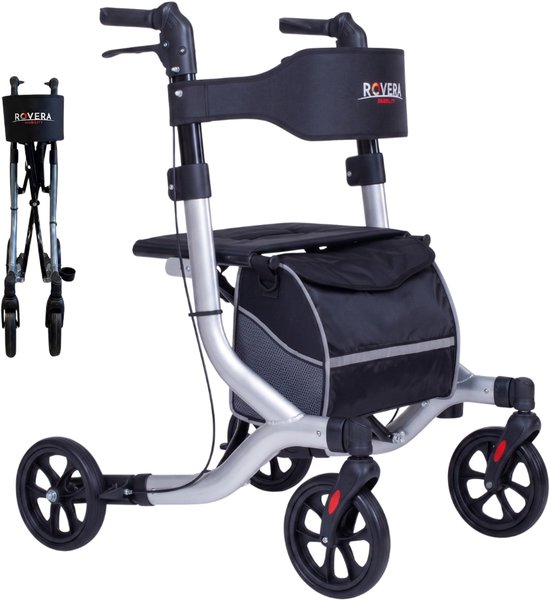 Zilveren rollator met zwarte zitting, rugsteun en tas. Inclusief een compact opgevouwen versie.