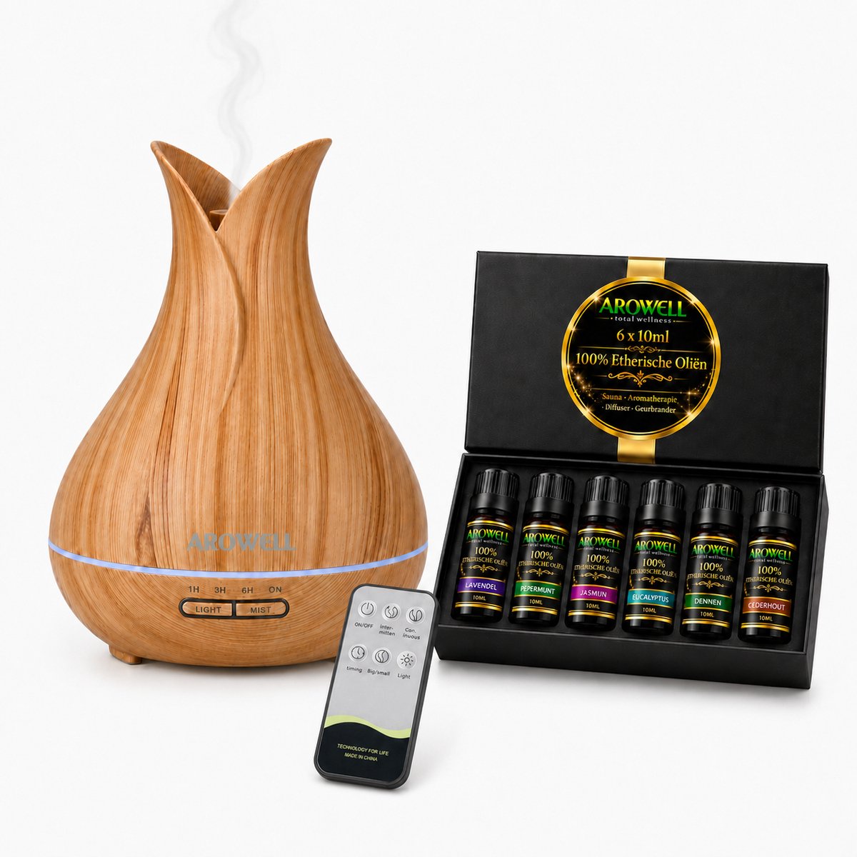 Arowell - Tulp Aroma Diffuser 500ML met 6 Etherische Oliën & Afstandsbediening – Ultrasone Luchtbevochtiger – Houtlook – LED Verlichting – Aromatherapie Set