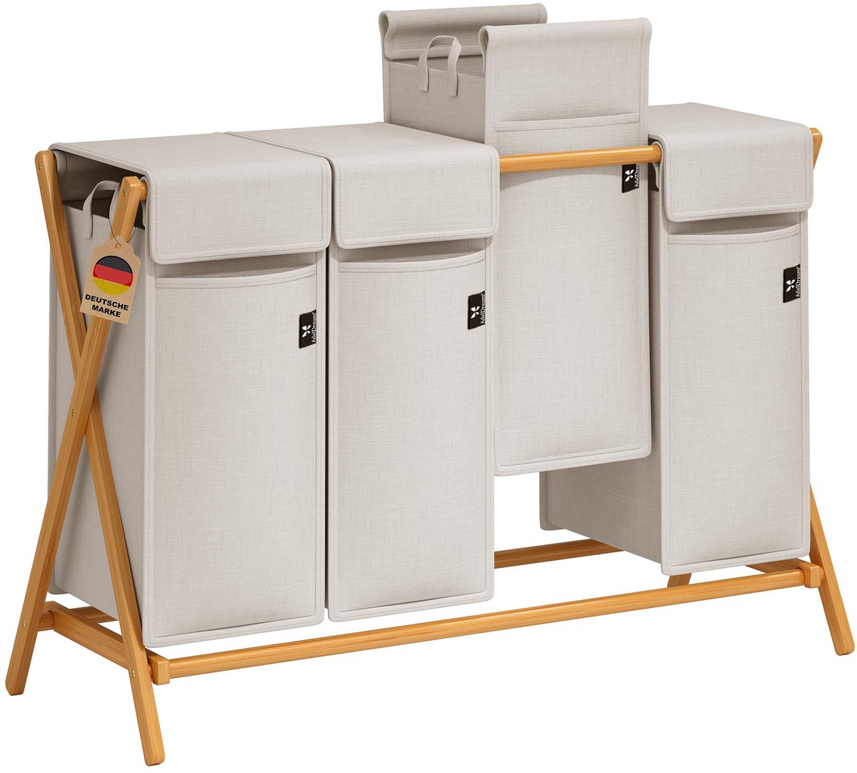 SnelShoppen - ADEL DREAM Wasmand 4 Compartimenten 200L Bamboe Wasmand Voor Wassen, Sorteren, Huishouden, Badkamer, Woonkamer, Stijlvol, Ruimtebesparen