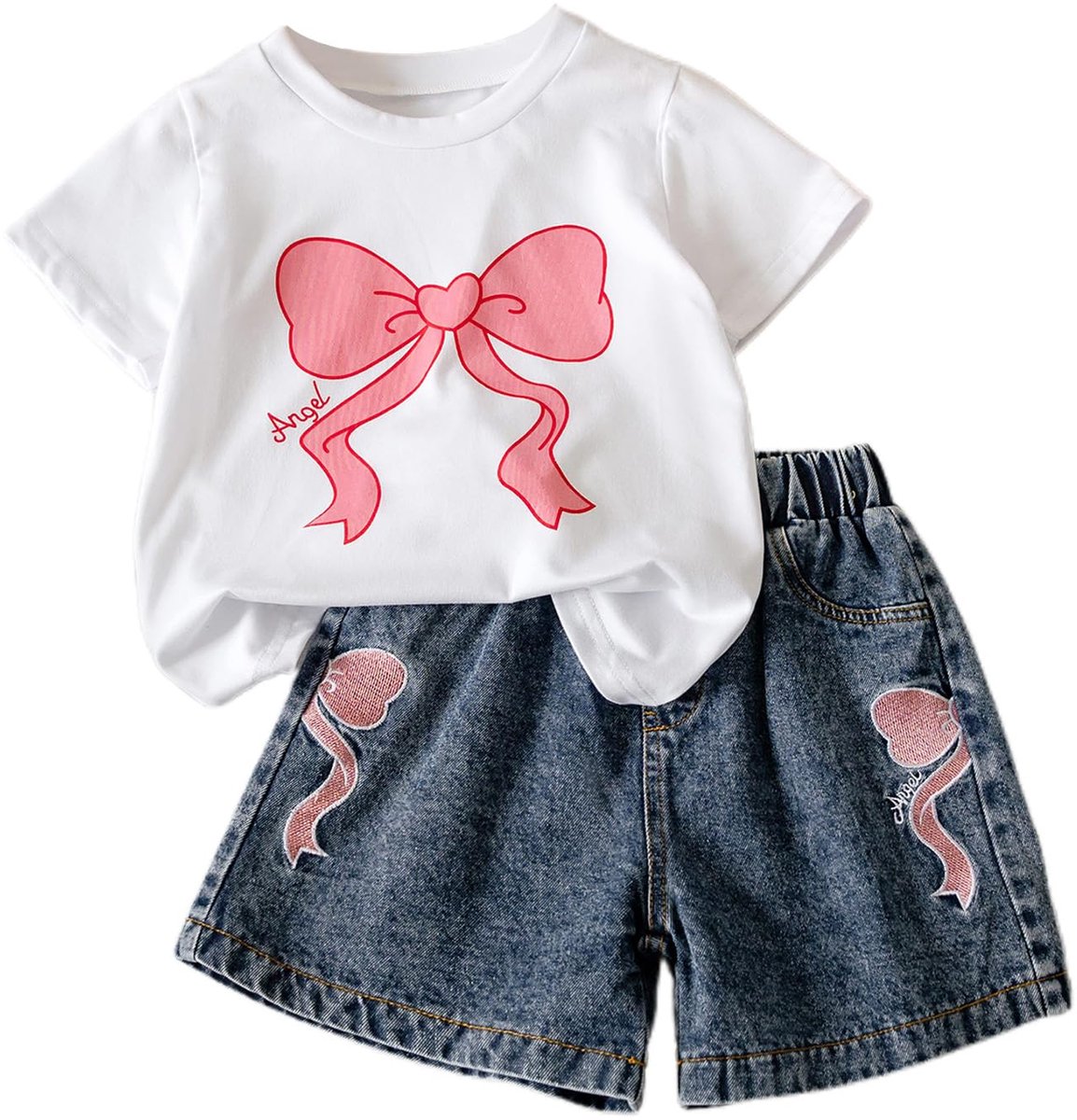 SnelShoppen - Meisjeskleding outfit set korte mouwen T-shirt + korte jeansbroek 2-delige zomerkleding voor meisjes, zomer, casual, trendy, comfortabel