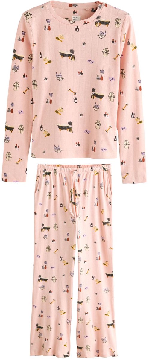 Next Dames - Ajourgebreide pyjama met lange mouwen en wijd uitlopende pijpen - Tall - Roze