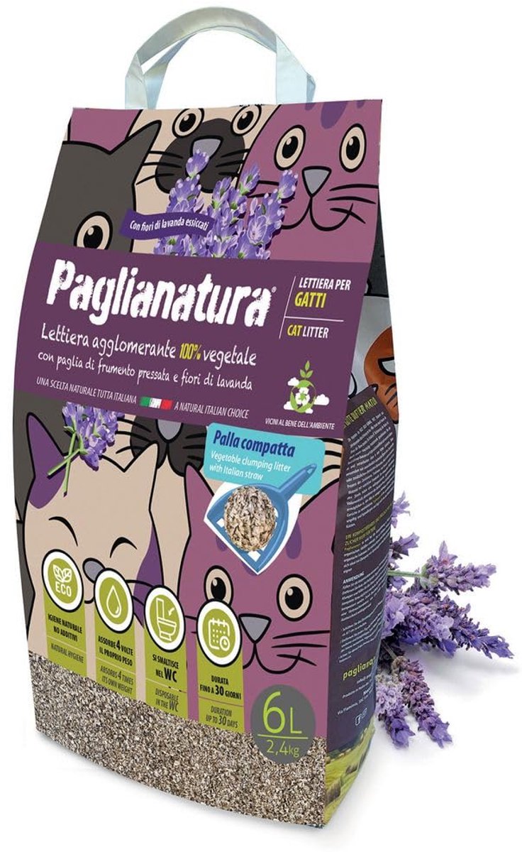 SnelShoppen - Paglianatura Kattenbakvulling met Lavendelstro 2,4 kg - Natuurlijk, Agglomererend, Geparfumeerd, Langdurige Geurbestrijding voor Katten