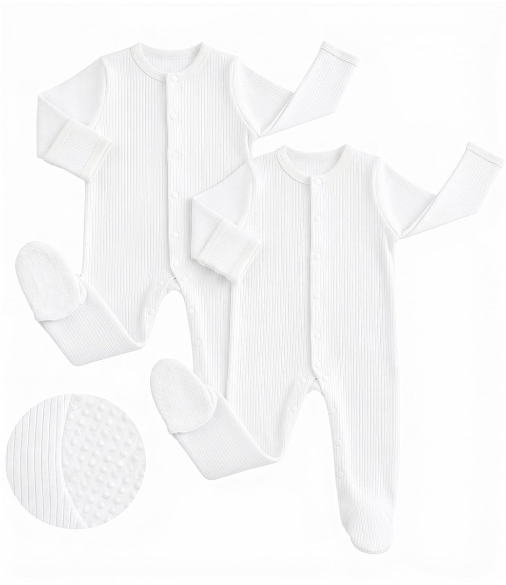 SnelShoppen - JiAmy Babyromper Set van 3 Stuks, Katoenen Jumpsuit voor Pasgeborenen, Lange Mouwen, Overall met Voeten voor Jongens en Meisjes, 0-12 Ma