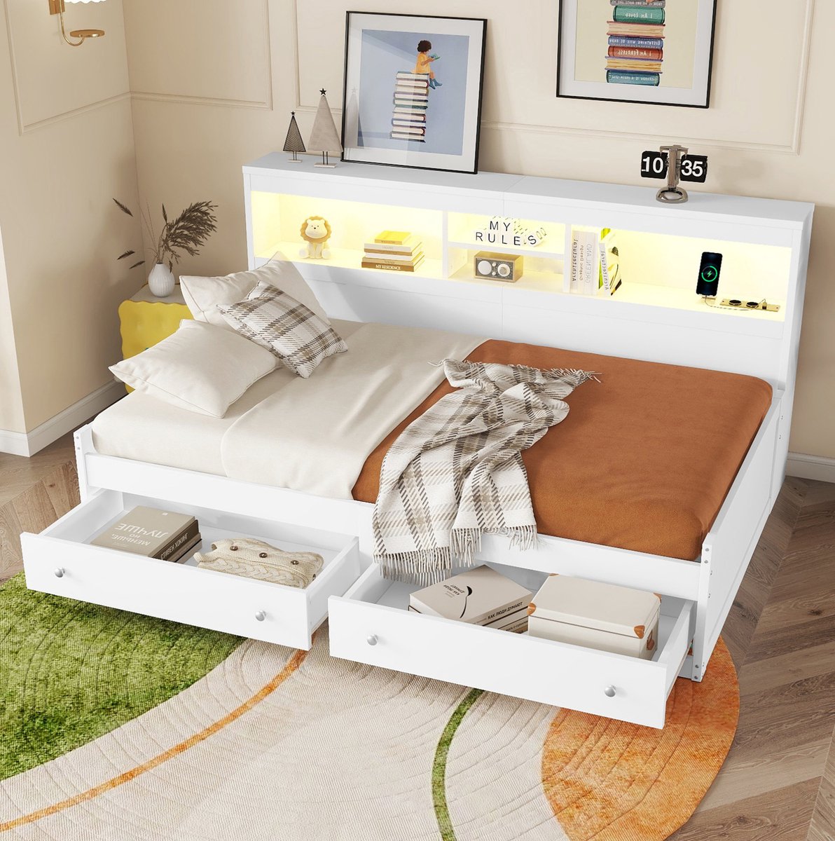 COVREO Slaapbank 90x200 cm wit, opbergruimte, led, zonder matras