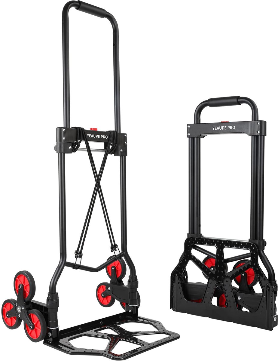 SnelShoppen - Vouwbare Handtruck met 50 kg Draagcapaciteit, Hoogte Verstelbaar, Traploper, 2 Verleng Riemen, Zachte Grip - Zwart - Driewieler