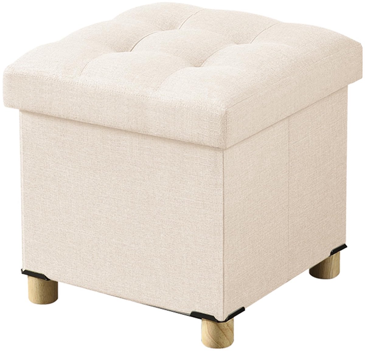 SnelShoppen - Opvouwbare Opbergpoef met Houten Poten, Kaki Linnen Voetenbank met Ruimte voor Opberging, 38 x 38 x 38 cm, Ideaal voor Woonkamer, Kinder