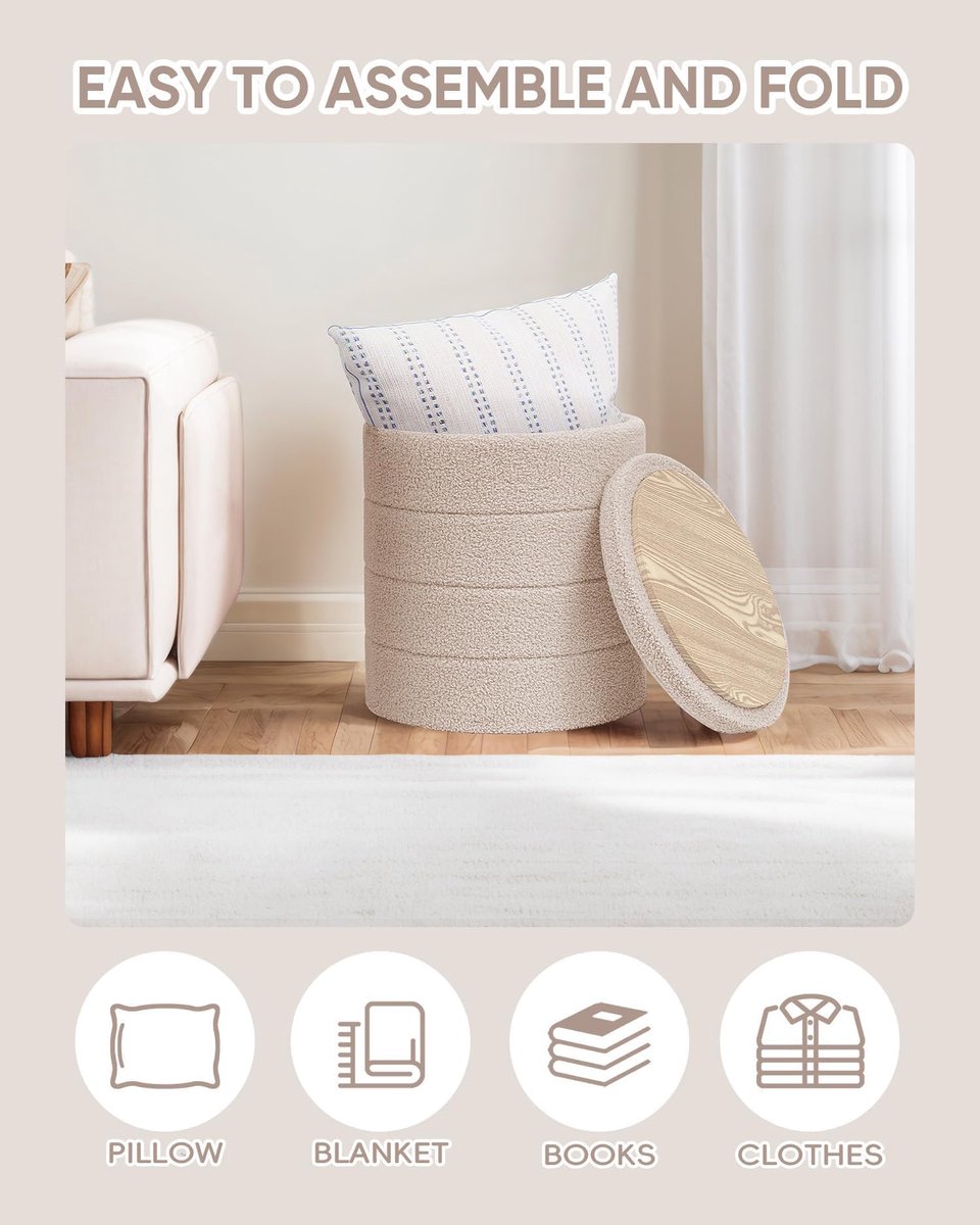SnelShoppen - PINPLUS Opvouwbare Opbergpoef 37x37x45cm, Beige Teddy Pluche, Multifunctionele Hocker als Bijzettafel voor Woonkamer en Slaapkamer