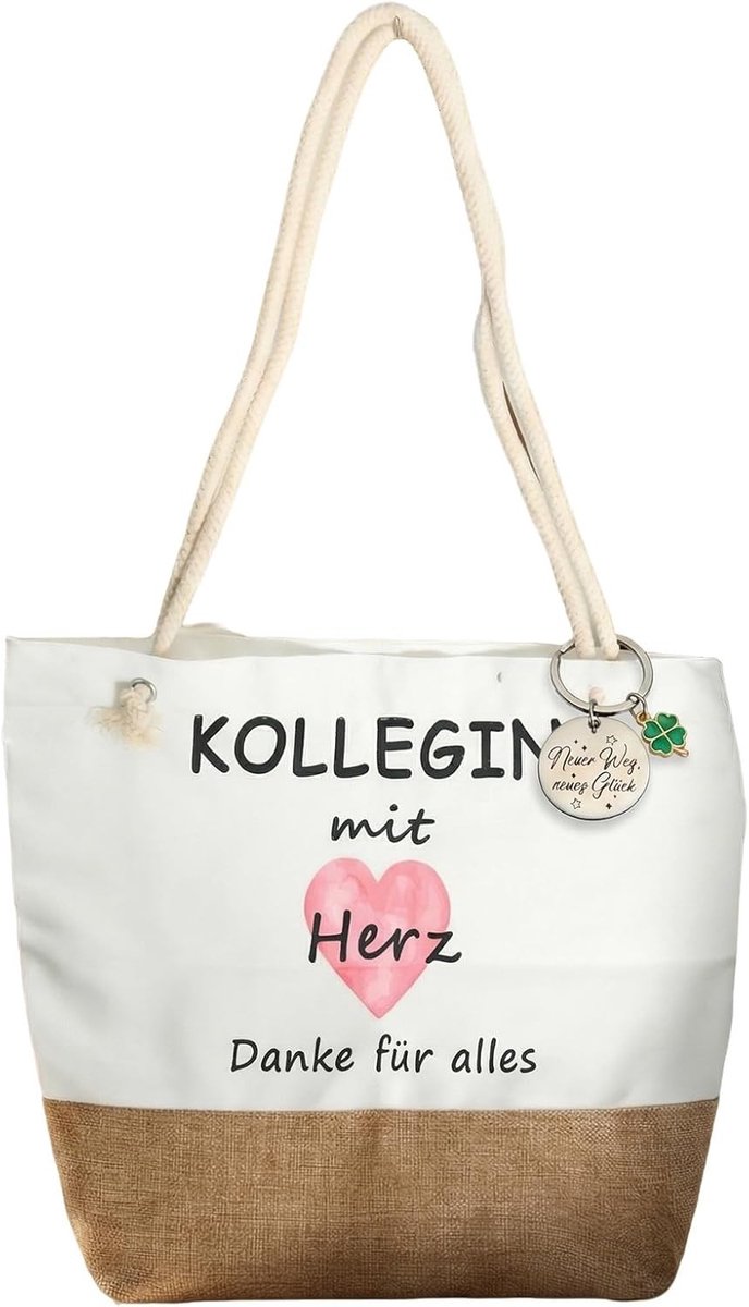 Stijlvolle boodschappentas met klavertje vier sleutelhanger, waterdicht jute en canvas, ideaal als afscheidscadeau voor collega's, ruime capaciteit en duurzaam ontwerp