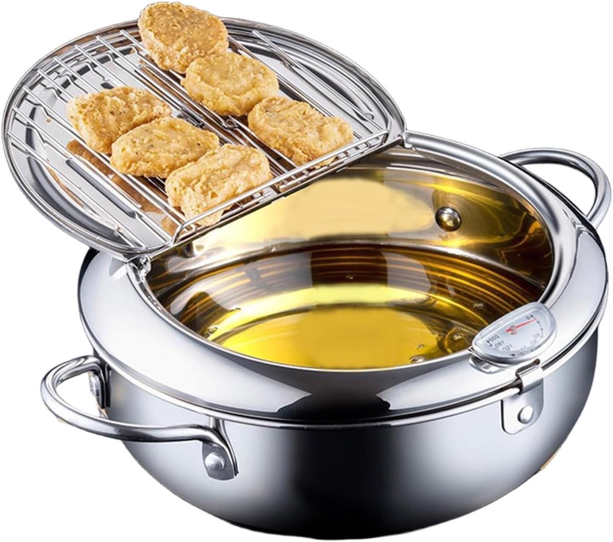 Mini Frituurpan - Kleine Friteuse - Lekkere Snacks Maken - Met Ingebouwde Thermometer - 20 cm Diameter - Zilver