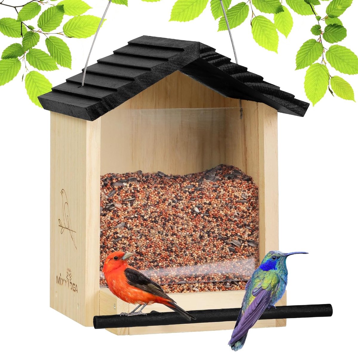 SnelShoppen - Houten Vogelhuisje voor Buiten - Weerbestendige Voederhuis met Zwart Dak - Grote Capaciteit 23 x 22 x 27 cm - Perfect voor Tuin en Balko