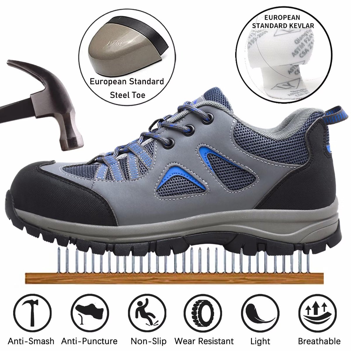 SnelShoppen - Veiligheidsschoenen Heren Dames Lichtgewicht Ademende Werkschoenen Stalen Neus Unisex 44 Grijs Blauw voor Werk en Bouw