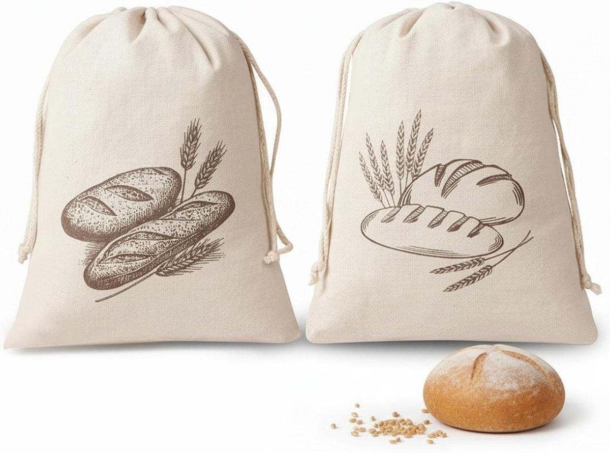 Herbruikbare Linnen Broodzakken - Set van 2, 30 x 40 cm, Ideaal voor Brood, Fruit en Groenten, Met TPU Binnenvoering en Trekkoord