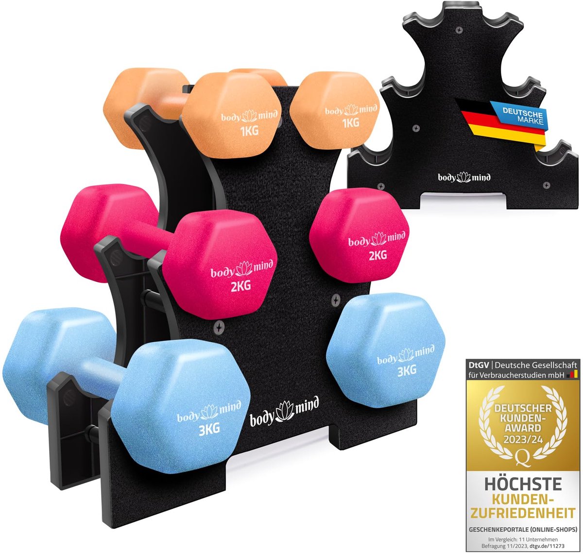 SnelShoppen - Halters Set met Rek 1/2/3 kg – Neopreen Dumbbells voor Thuis Fitness, Krachttraining, Sport en Workout, Ideaal voor Beginners en Gevorde