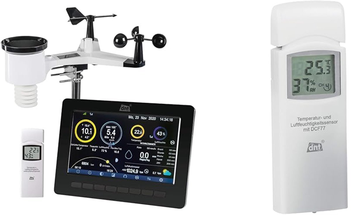 SnelShoppen - Wifi Weerstation DNT WeatherScreen Pro met Dataloggerfunctie en Extra Thermo-/Hygrosensor voor Binnenklimaat Bewaking, 120x40x18 mm