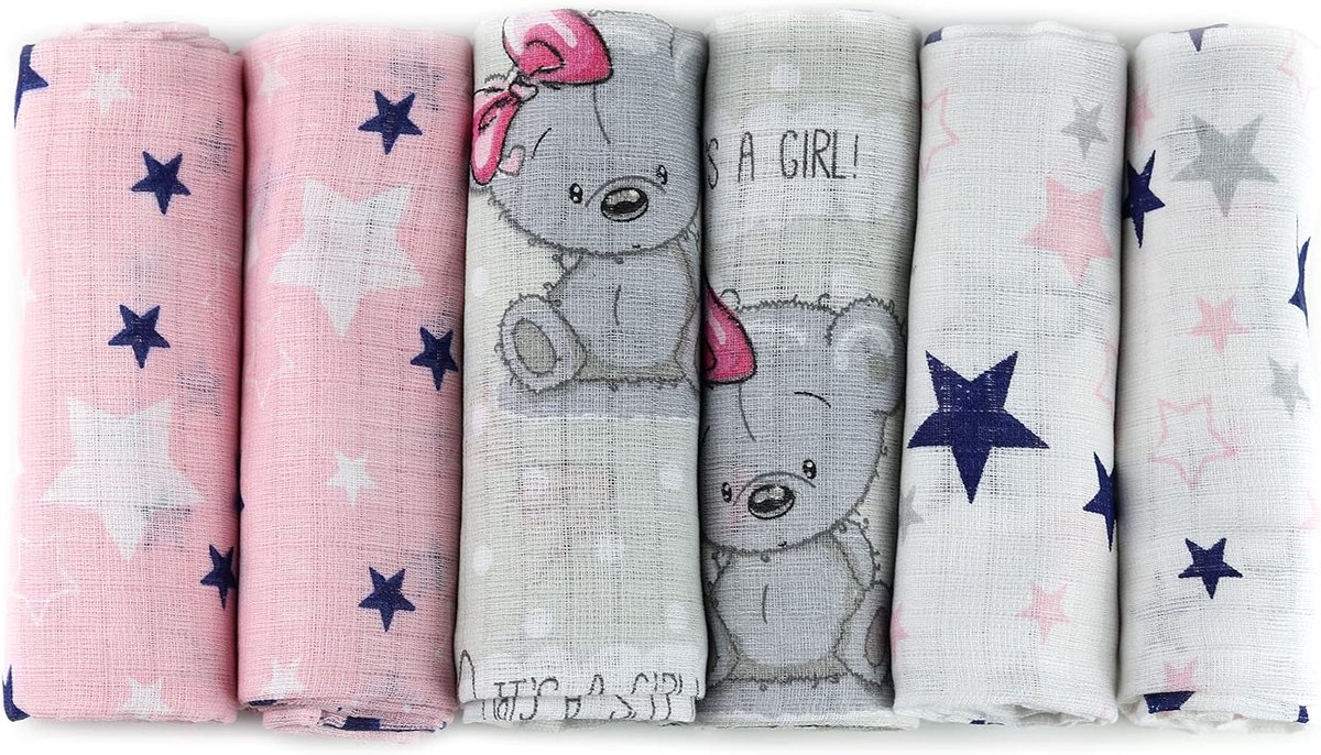 SnelShoppen - Mulldoeken en Luiers - 6 Stuks - 70 x 80 cm - Stoffen Luiers - Oeko-Tex Gecertificeerd - Roze - Spuugdoeken Set voor Meisjes - Babyluier
