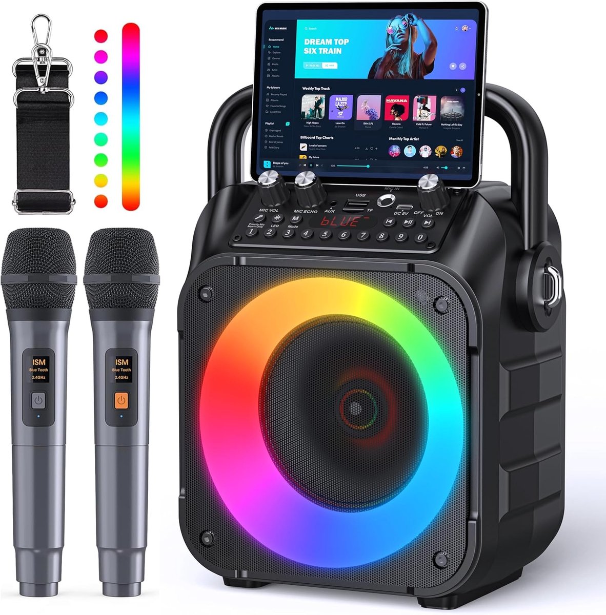 Karaoke Machine met Twee Draadloze Microfoons - Draagbare Bluetooth Speaker - LED Verlichting - ShopVlot