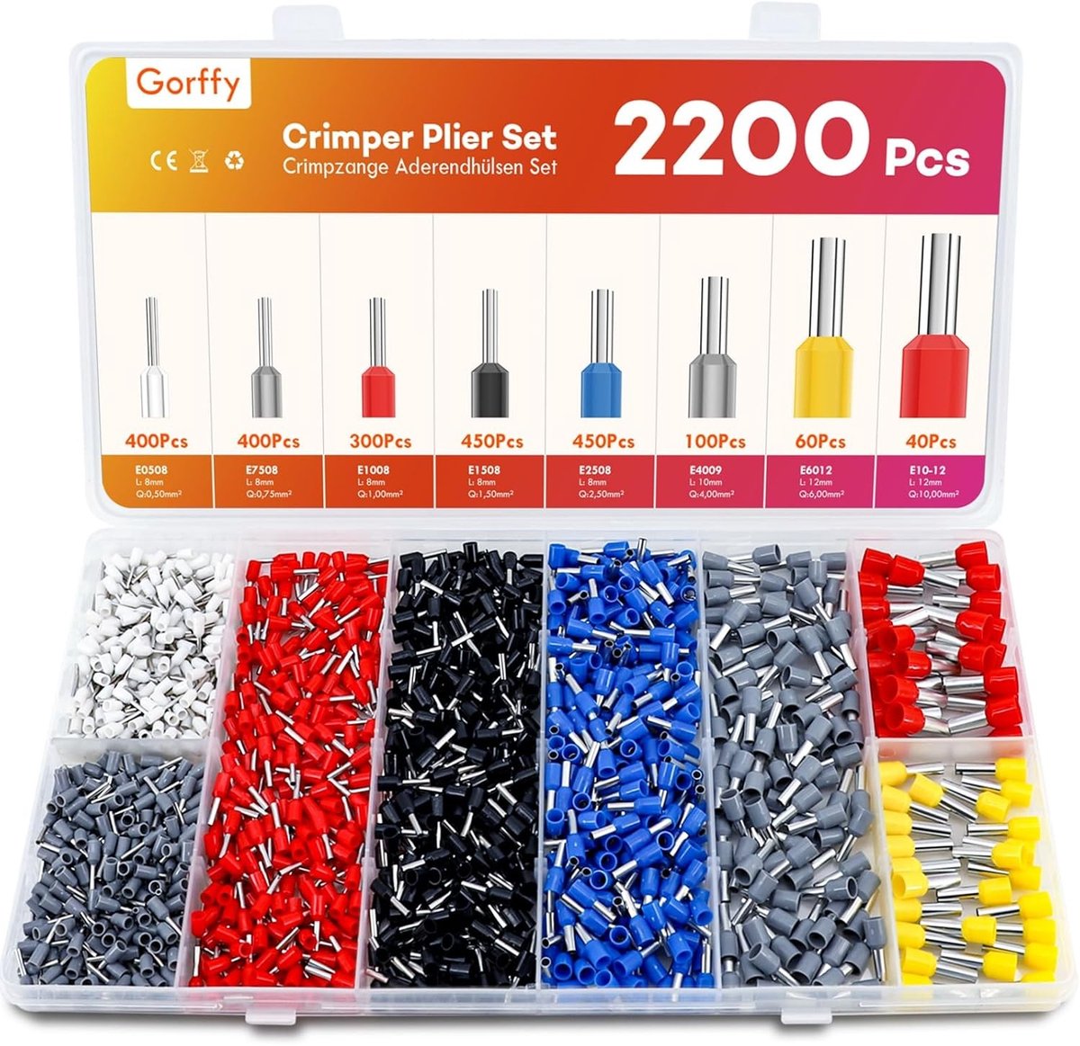 Set van 2200 Stuks Geïsoleerde Ferrules voor Draadverbinding, Geschikt voor 0.5 mm² tot 10 mm², Assortiment Cord-End Ferrules