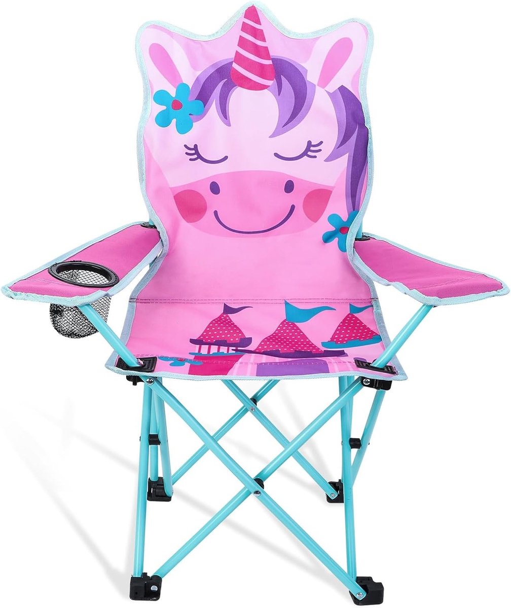 Vouwbare Kinderstoel met Bekerhouder voor Picknick, Kamperen, Vissen en Buitenactiviteiten - Unicorn Design