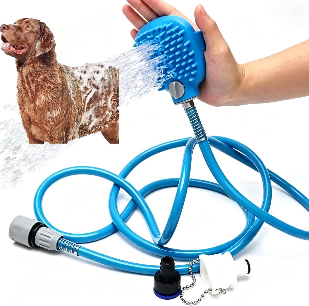 KZQ 2-in-1 huisdierdouchekop en badborstel - Met slang en sproeier voor binnen en buiten - Snel en eenvoudig thuis wassen voor honden en katten - Blauw