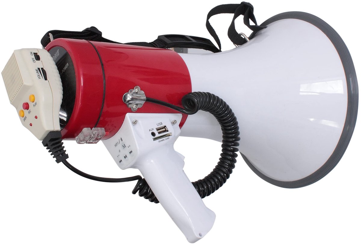 SnelShoppen - MEGA50USB Megafoon 50W Herlaadbaar met Verwijderbare Microfoon, Sirene, USB, SD, AUX, MP3, Handvat en Schouderriem - Wit & Rood voor Fee