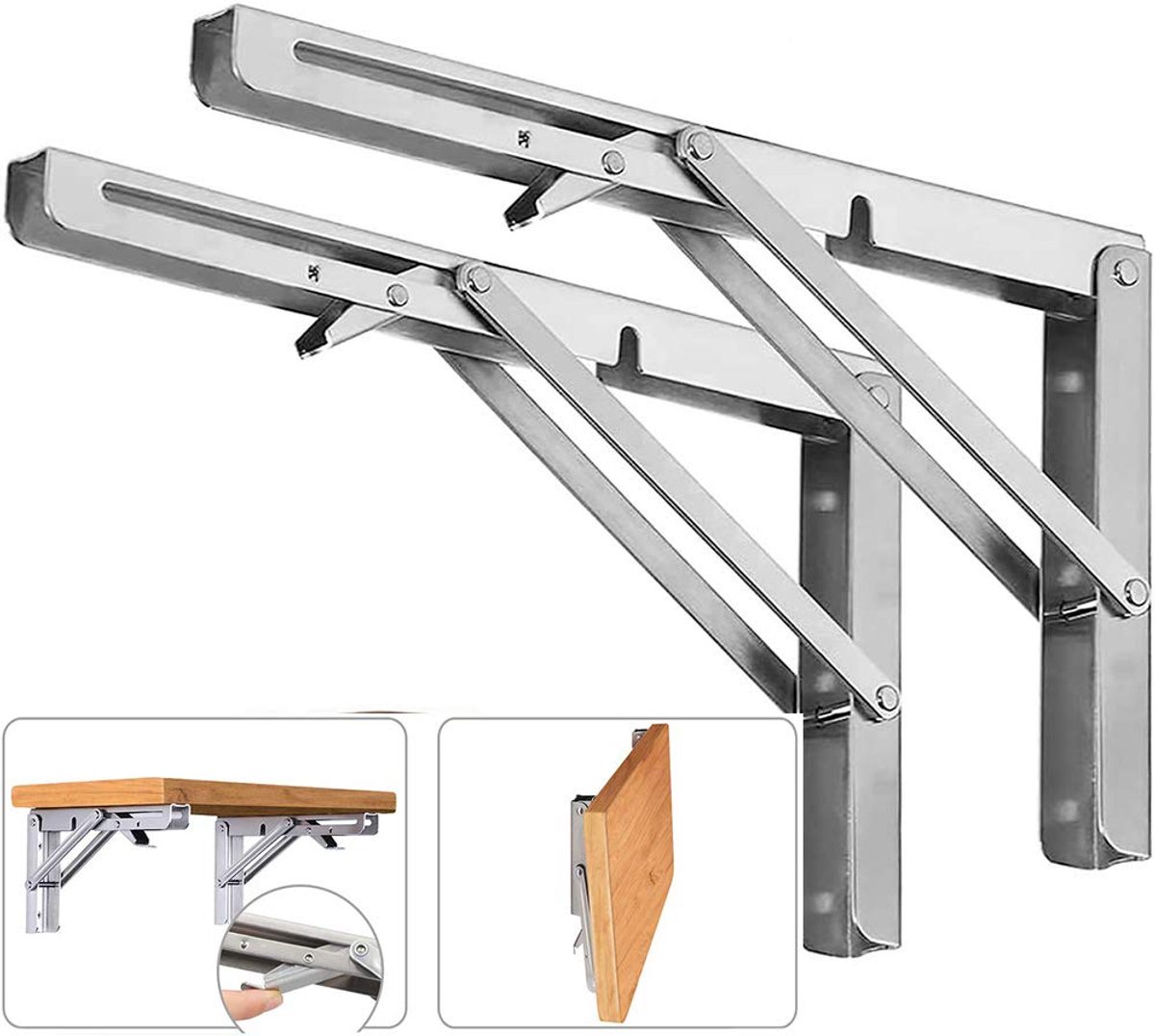 SnelShoppen - Vouwbare Plankbeugels, Maximale Draagkracht 136kg, Zware Roestvrijstalen Inklapbare Wandmontage Plankbeugels voor Tafel, Ruimtebesparend