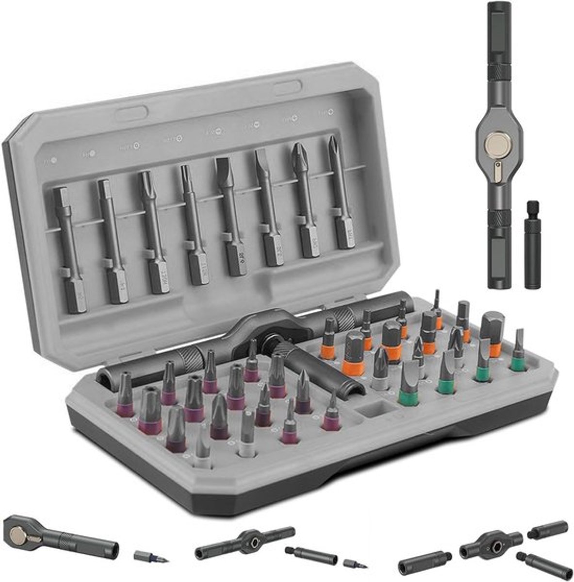 Complete ratchet schroevendraaier set met magnetische bits, afneembare T-ratchet handgreep en precisieschroevendraaier, perfect voor doe-het-zelf projecten, meubelmontage en nauwkeurig werk in krappe ruimtes