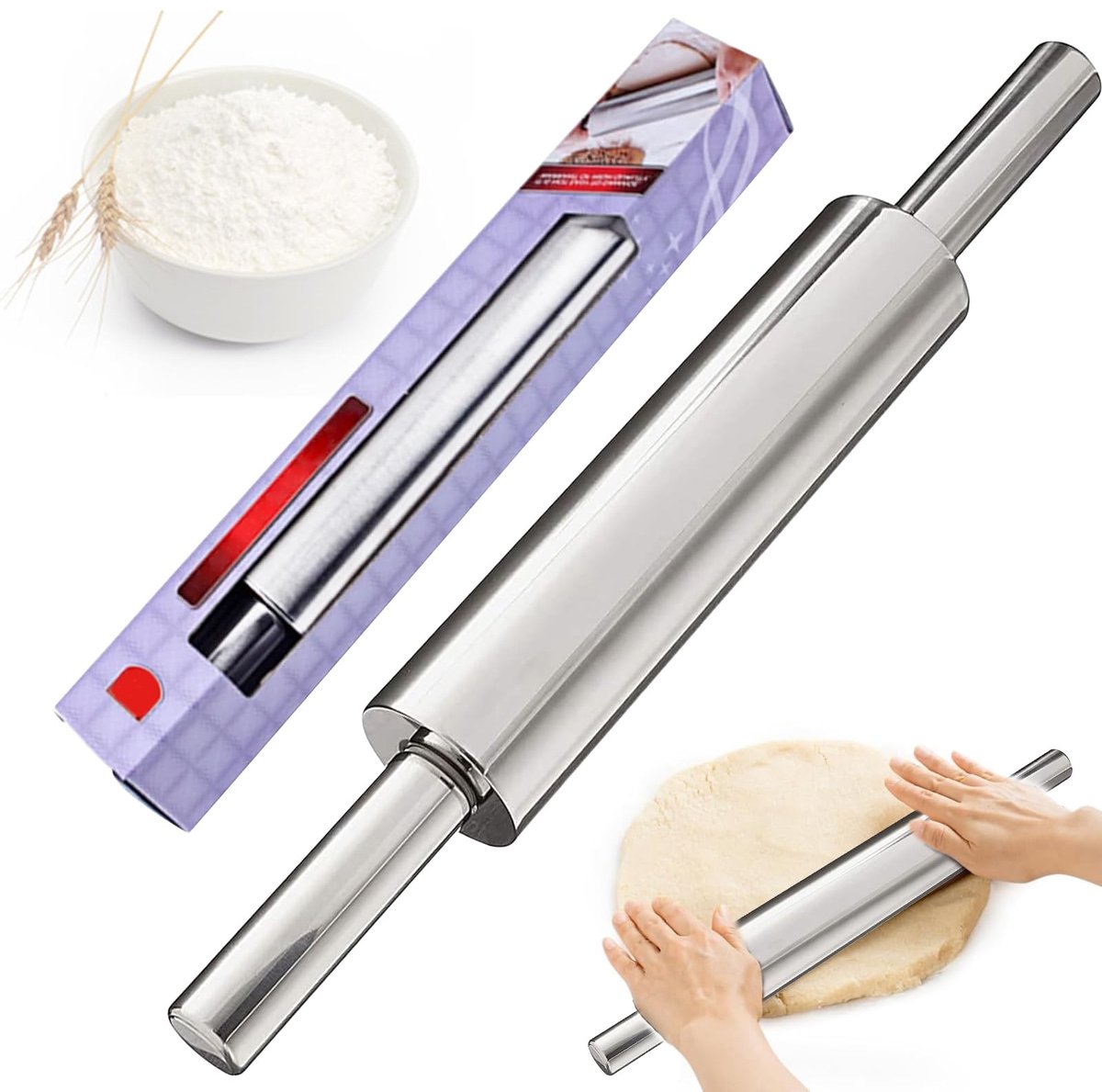 SnelShoppen - Deegroller Roestvrij Staal 43 cm met Antiaanbaklaag, Draaibare Deegrol voor Fondant, Pizza, Knoedels, Brood, Cake - Bakbenodigdheden met