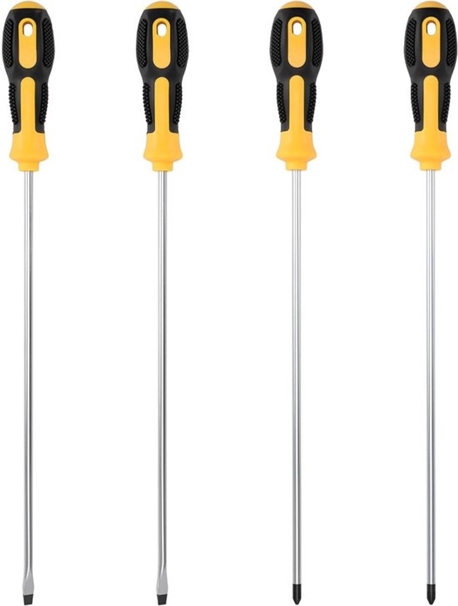 Set van 4 Lange Schroevendraaiers, 41,5 cm, met Zwarte en Gele Handgrepen, Professionele Gereedschappen van Koolstofstaal voor Precisiewerk