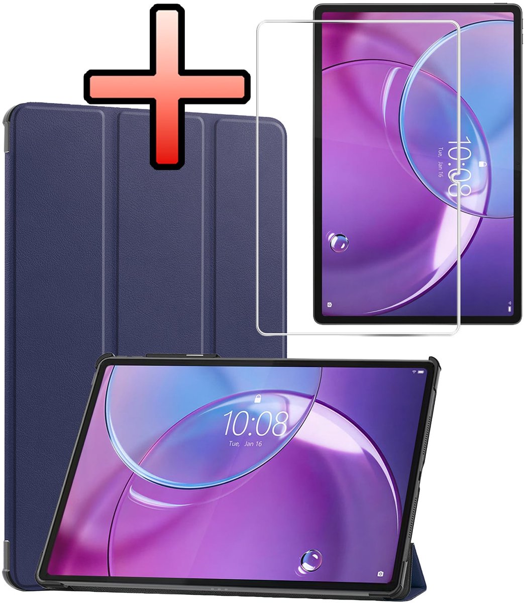 Hoes - Geschikt voor Lenovo Idea Tab Pro Gen 2 - Met Screenprotector - Trifold Bookcase - Hard Cover - Hardcover Book Case - Tablet Hoesje - Donkerblauw