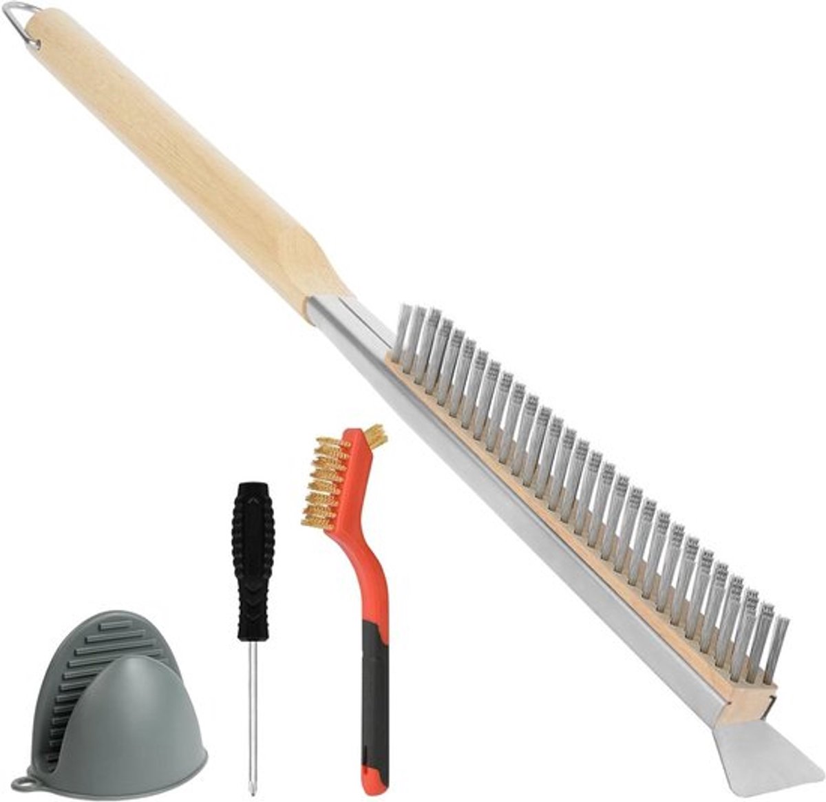 Pizza-ovenborstel met schraper en houten handvat, 56 cm lengte – roestvrijstalen BBQ borstel voor gasgrill en houtskoolgrill – krasvrije reinigingsborstel met extra lange steel.