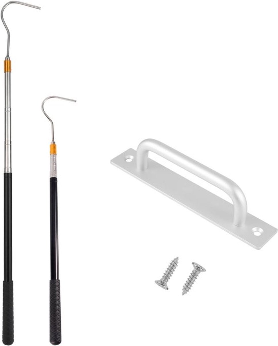 Verstelbaar zolderladder systeem met telescopische verlengstang tot 164 cm, aluminium handvat en stalen haak voor zoldertoegang en accessoires